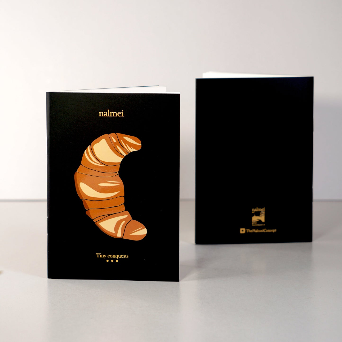 Black croissant To-do List notebook showcasing the gold foiling work - front and back | Nalmei