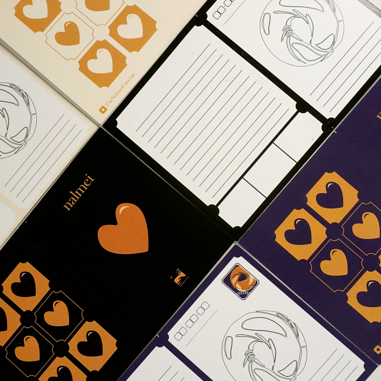 Postcard sets. Showing the back and front of the postcards. Purple, Black and Beige Postcards | Nalmei