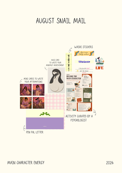 A flat lay style collage titled 'August Snail Mail' on a cream background, showing various stationery and activity elements including a penguin-themed card, mini cards, washi stickers, a pen pal letter, and printed activity sheets. Brand text 'MAIN CHARACTER ENERGY' appears at the bottom.