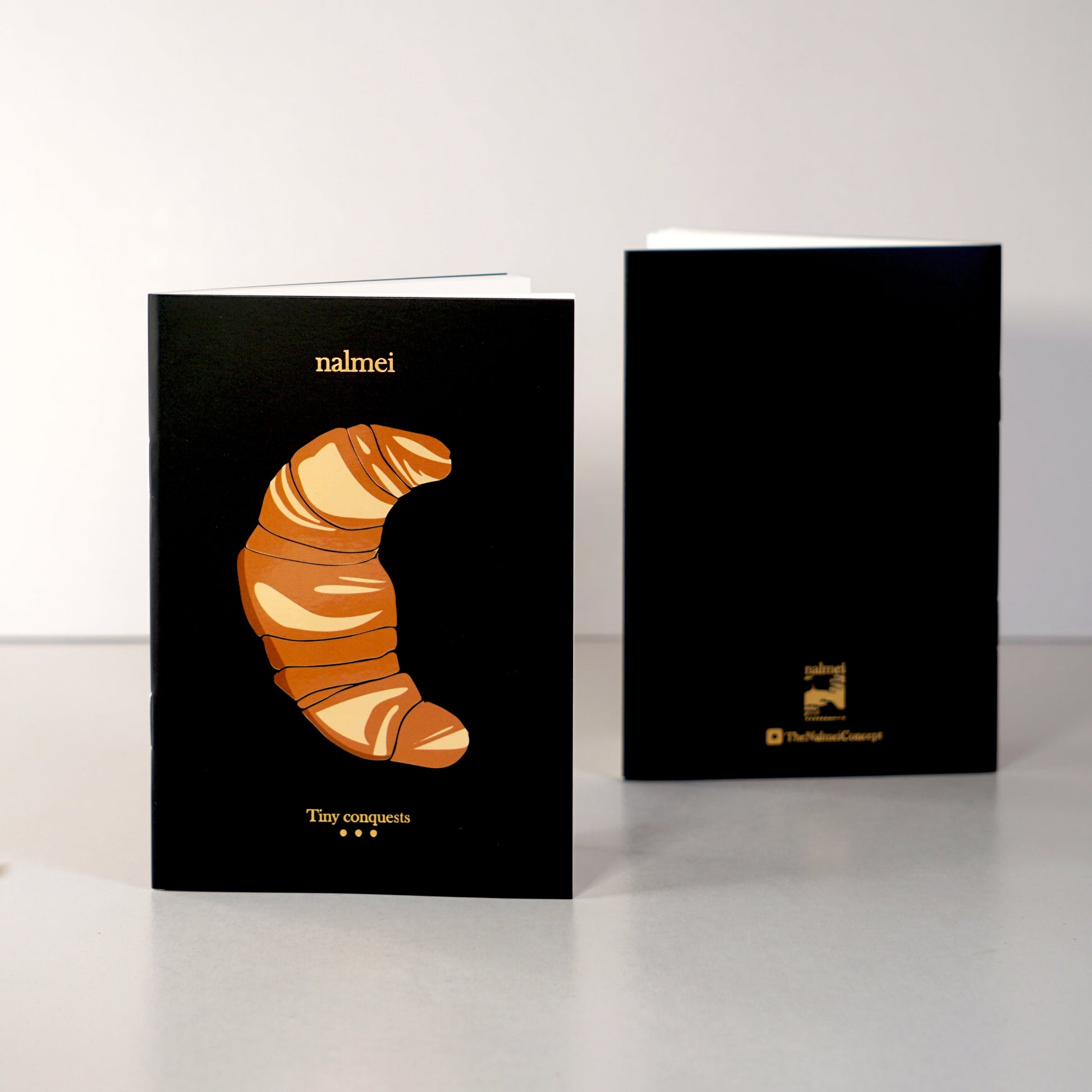 Black croissant To-do List notebook showcasing the gold foiling work - front and back | Nalmei