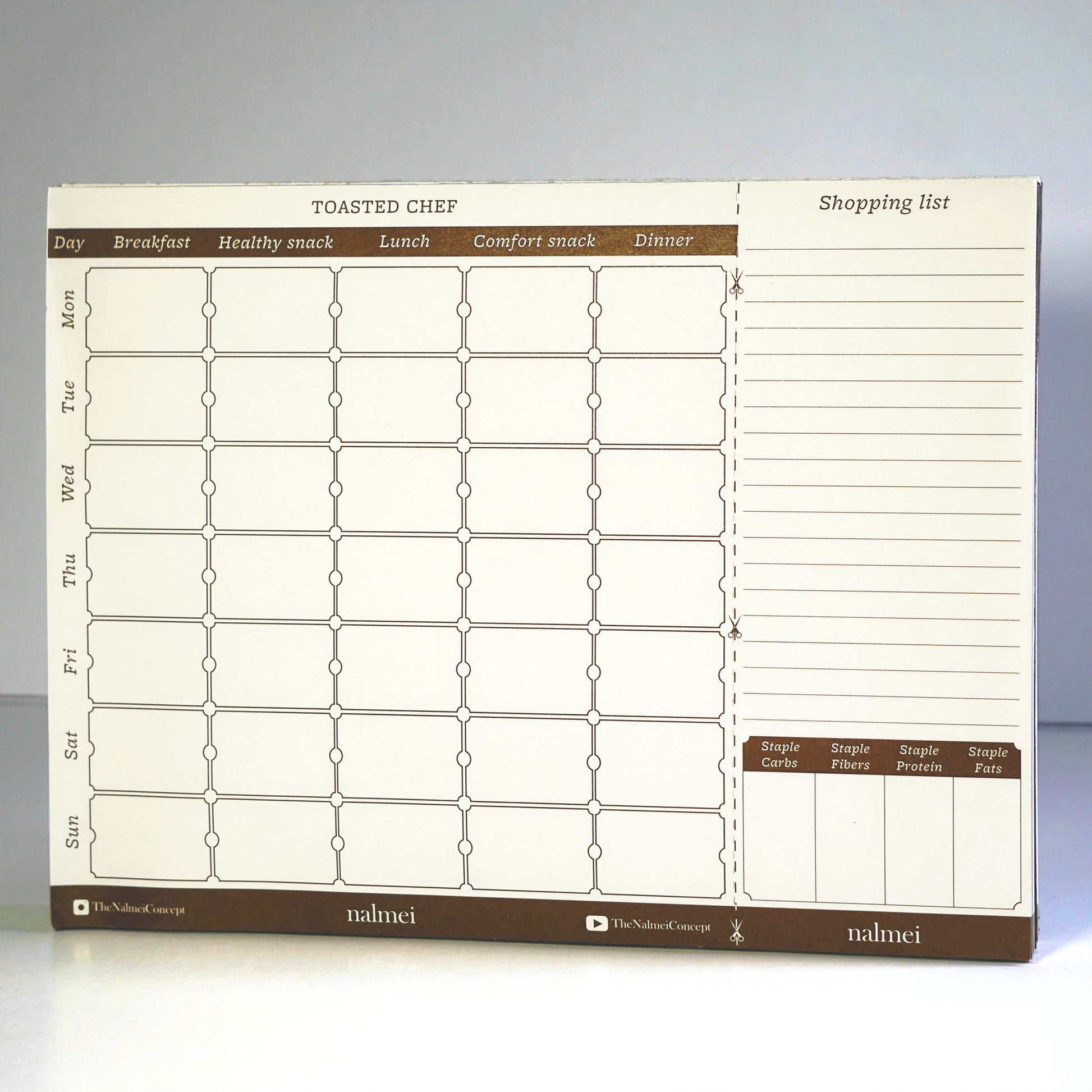 Meal Planner showing the weekly spread, Staples, Shopping lists, the perforated line | Nalmei