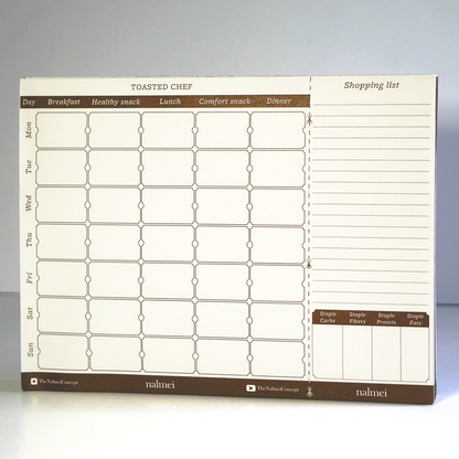 Meal Planner showing the weekly spread, Staples, Shopping lists, the perforated line | Nalmei